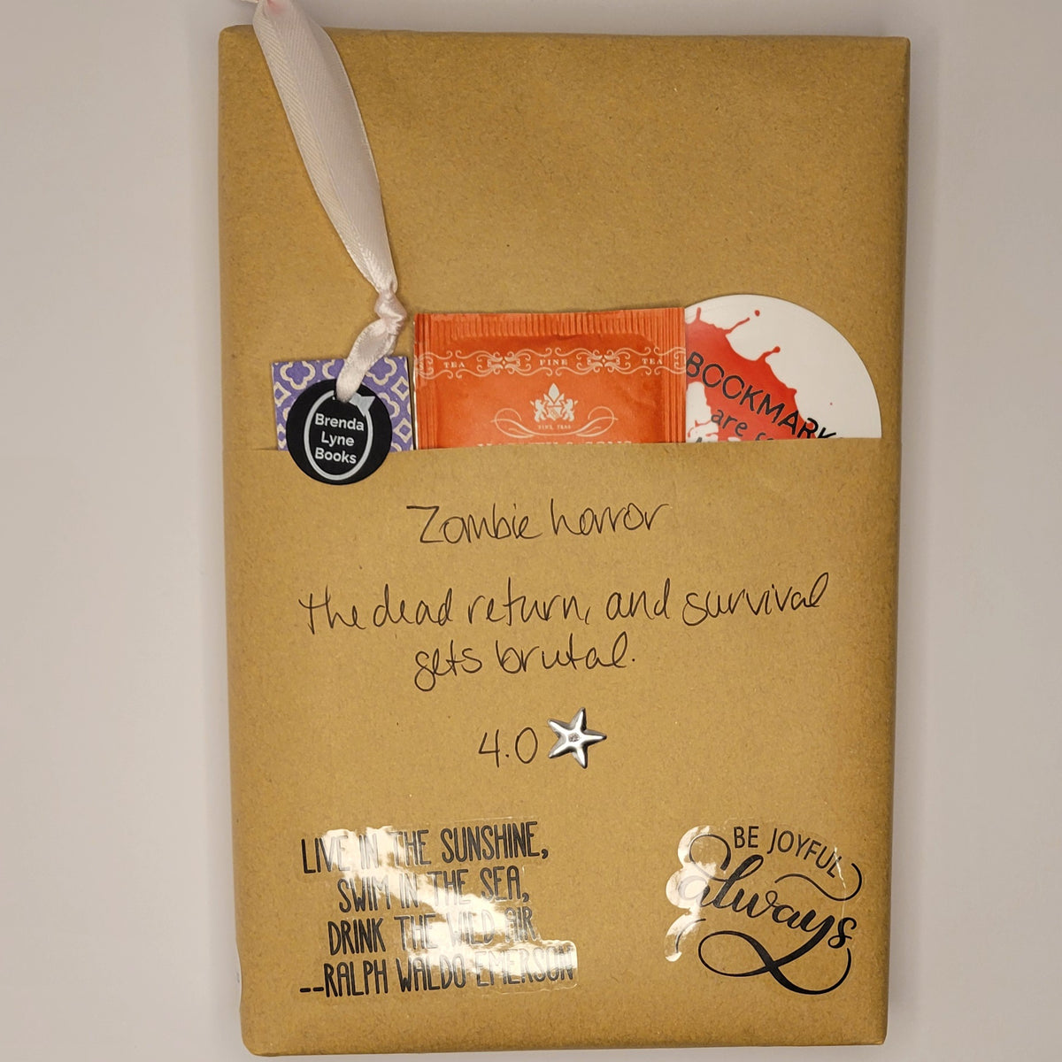 Hardcover book wrapped in brown paper with writing on it and goodies tucked inside.