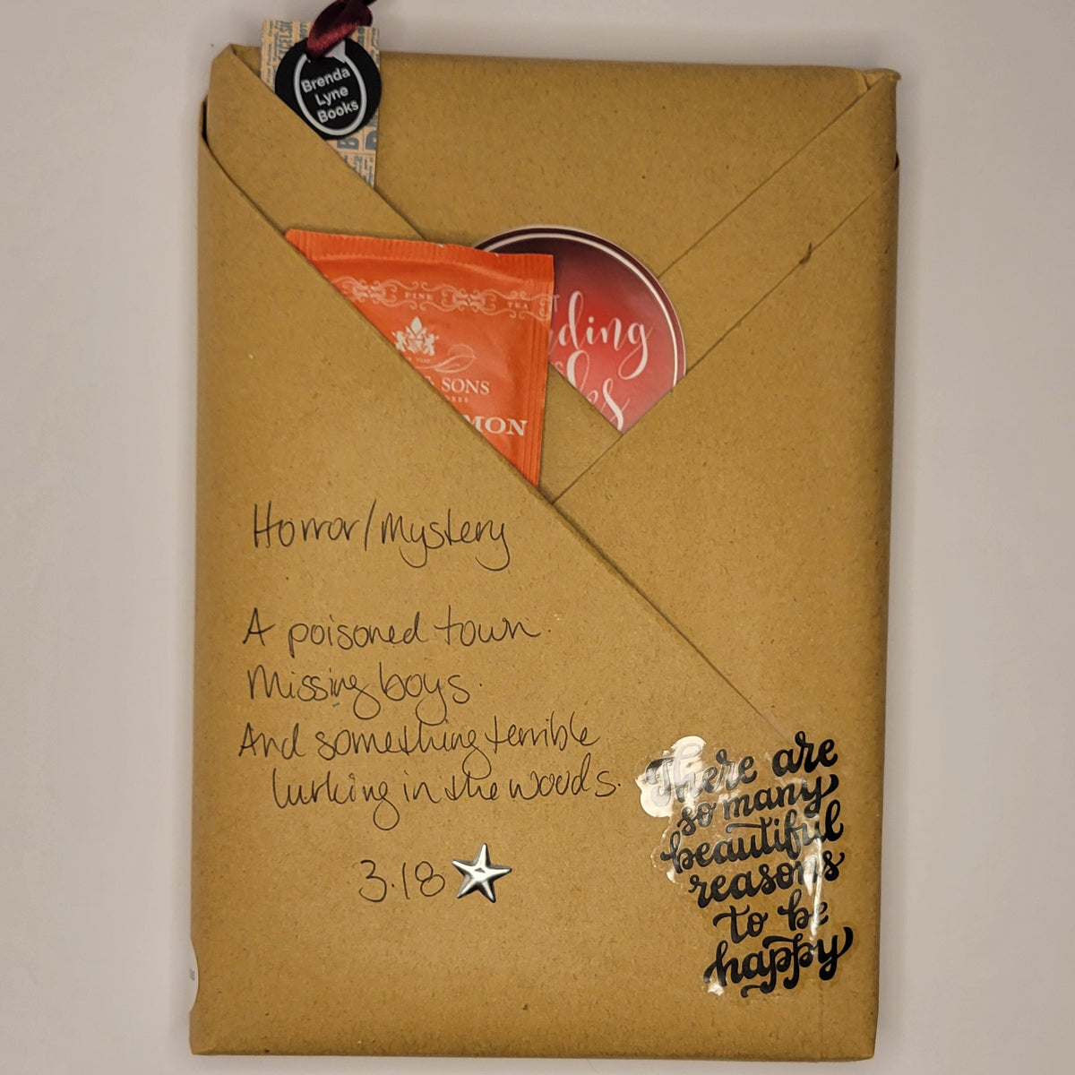 Hardcover book wrapped in brown paper with writing on it and goodies tucked inside.