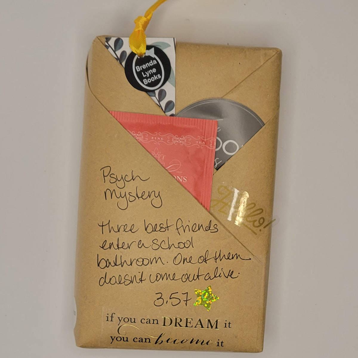 Paperback book wrapped in brown paper with writing on it and goodies tucked inside.