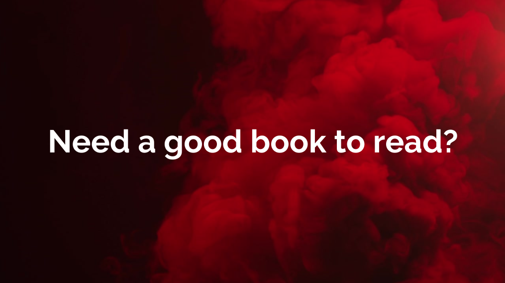 Load video: Book covers and descriptions against a billowing red smoke background.